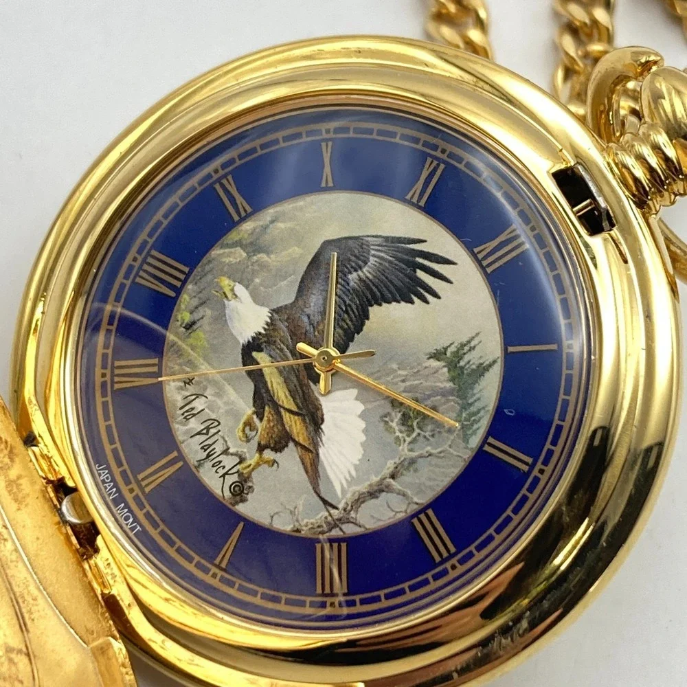 Franklin Mint Pocket Watch Alaskan Chilkat Bald Eagle w/Chain 51mm New Battery